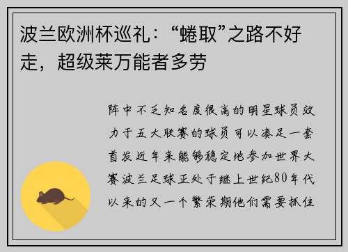 波兰欧洲杯巡礼：“蜷取”之路不好走，超级莱万能者多劳