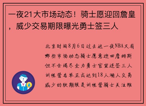 一夜21大市场动态！骑士愿迎回詹皇，威少交易期限曝光勇士签三人